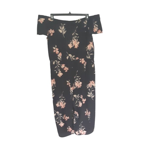 Womens 16 Jumpsuit Off Shoulder Black Floral Wide Leg Stretch Waist Relaxed Fit - Picture 2 of 3